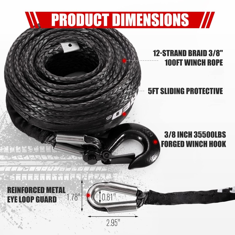 FIERYRED Synthetic Winch Rope Cable Kit 3/8inch 100FT 26500lbs Winch