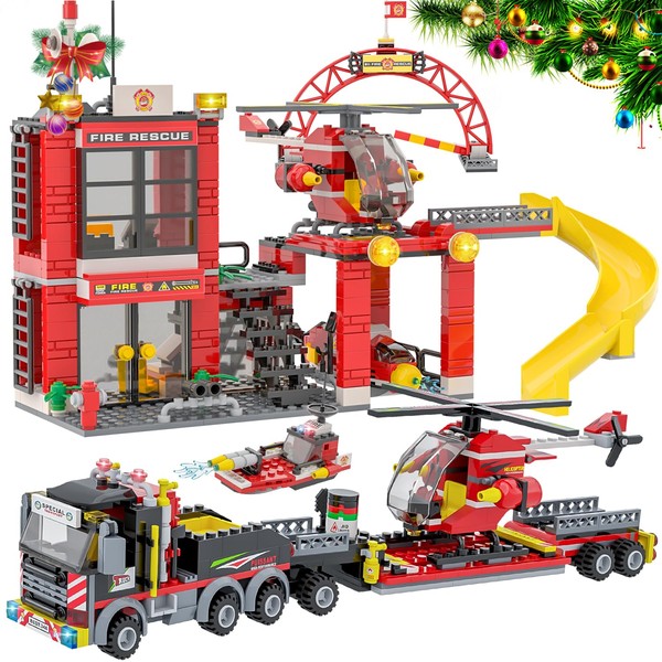City Fire Station Building Kit, Fun Firefighter Toy Building Set for Kids, W/Toy Fire Truck, Rescue Helicopter, Boat, Best Learning Roleplay Construction STEM Toy for Boys Girls 6-12