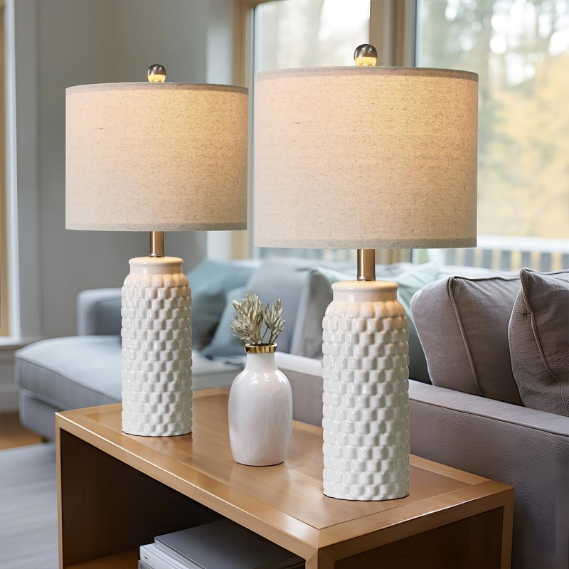 USumkky 24" Modern Ceramic White Bedside Lamp Set of 2