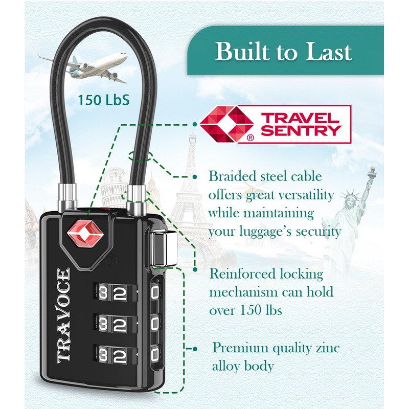 Search Alert TSA Approved Travel Combination Luggage Cable Locks for