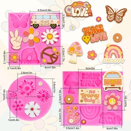 Whaline 3Pcs Groovy Boho Fondant Molds Groovy Hippie 3D Silicone Moulds Daisy Boho Rainbow Pattern Resin Molds Peace & Love Cupcake Cookie Baking Decorating Moulds for Spring Summer Party DIY Candy