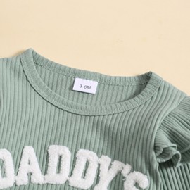 JiAmy Toddler Girls Outifts, Newborn Clothes Set Daddy's Girl Ruffle Short Sleeve Embroidered Bodysuit and Pants 2pcs Sets, 9-12 Months Green