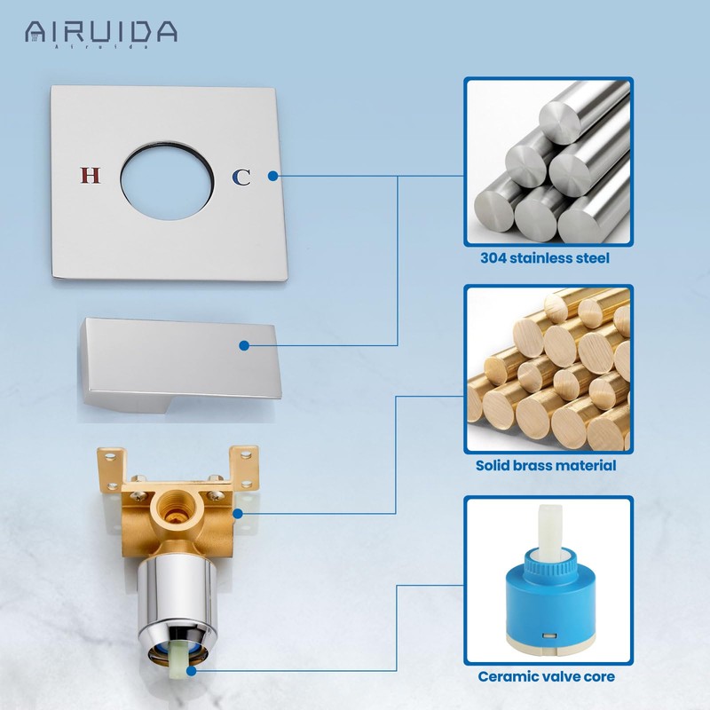 Airuida Square Shower Handle Wall Mount Brass Faucet Shower Rough-In