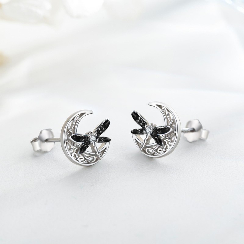 Twoowl Dragonfly Earrings 925 Sterling Silver Black Celtic Stud Earrings