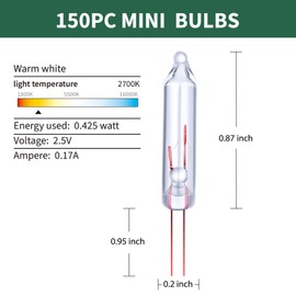 Mini Replacement Christmas Lights Bulbs 150 Count 2.5 Volt Clear Glass Incandescent for Xmas Tree String Lights Outdoor Indoor Holiday Party Decor, Warm White