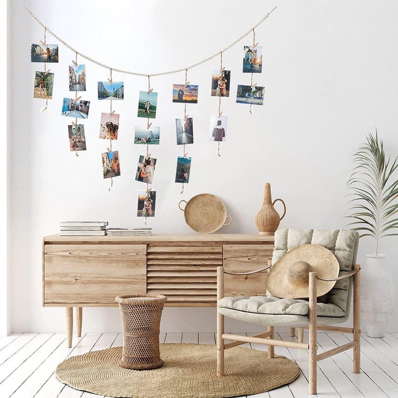 Boho Style Hanging Photo Display with 30 Clips for Bedroom,