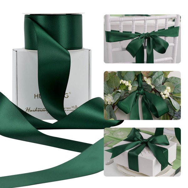 HUIHUANG Hunter Green Satin Ribbon 2 inch Double Side Green