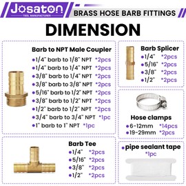 Josaton 49PCS Brass Hose Barb Fittings Assortment Kits 1/8" 1/4" 5/16" 3/8" 1/2" 3/4'' 1'' Barb to Male NPT Thread Air Hose Fitting, Barbed Splicer and Tee with Clamps