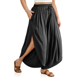 TARSE Women’s Linen Wide Leg Split Skirt Pants Summer Boho Flowy Palazzo with Elastic Waist Drawstring 2025 Beach Vacation Pants Black, L