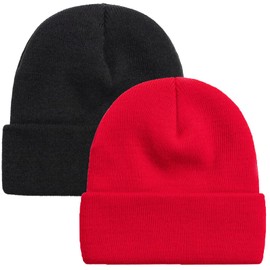 ZOORON Beanie for Men Women Warm Winter Hats Acrylic Knit Cuffed Beanie Cap Unisex Red/Black