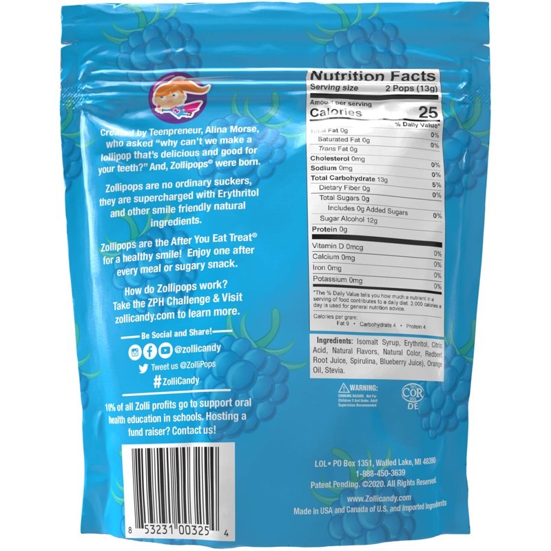 Zollipops Clean Teeth Lollipops, Blue Raspberry, 6.2 Ounce