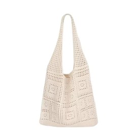 BAUIOREAD 1 x Large Aesthetic Beach Bag for Women, Cute Bag, Beige Crochet Bag, Lightweight Knitted Tote Bag, Perfect for Shopping, Everyday and Holidays