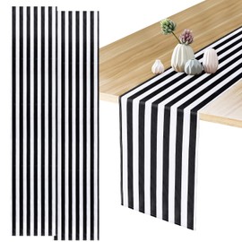 Moukeren 2 Caminos de Mesa en Blanco y Negro, 12'' x 108'', Mantel de Rayas con Diseño Moderno de Rayas, Elegante Decoración de Mesa de Lona, ​​Lavable a Máquina para Bodas, Banquetes, Celebraciones
