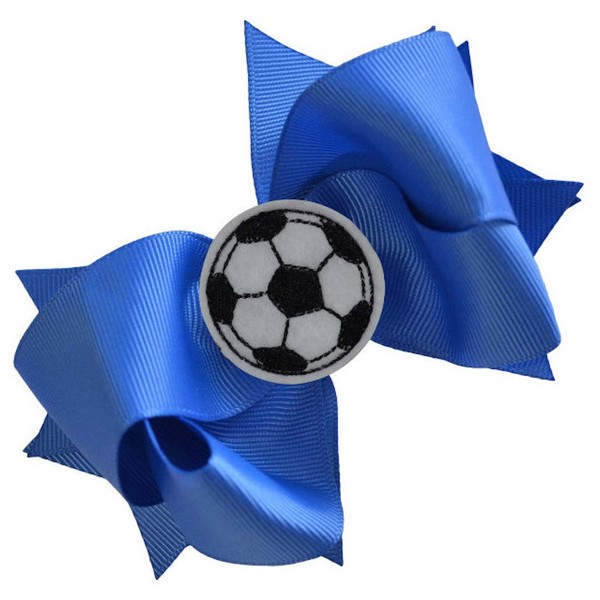 SOCCER BALL BOW Girls 4.5 Inch Grosgrain Soccer Hair Bow with Embroidered Soccer Ball By Funny Girl Designs (Royal Blue)