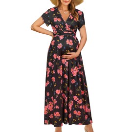 OUGES Maternity Maxi Dress Wrap V Neck Baby Shower Pregnancy Dresses for Photoshoot Summer Maternity Clothes 2025(Pink Floral Black,L)