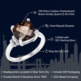 Gem Stone King 3-5 Cttw Gemstone Birthstone Ring For Women | 925 Sterling Silver | Cushion 10MM | Wedding Anniversary Engagement Promise Ring | Size 5-9 | Smoky Quartz-Checkerboard | 5