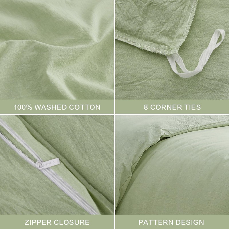 SAPHREAS Twin Size Sage Green Duvet Cover 100% Washed Cotton