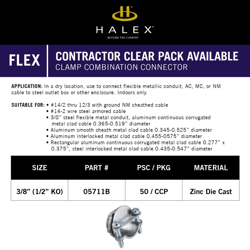 Halex – 3/8 Inch Flexible Metal Conduit (FMC) Clamp Combination
