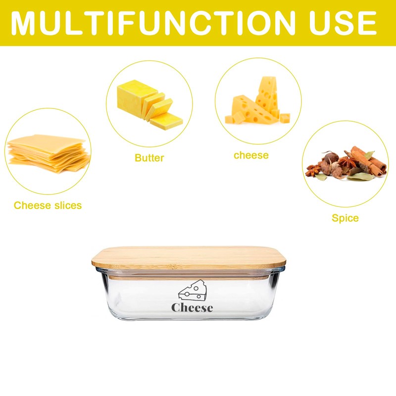 Yomjarl Cheese Container for Refrigerator,Glass cheese slice holder with Wooden