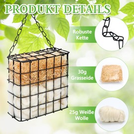 Vogel Nistmaterial Halter Set Futterstation Zum Aufhängen Futterspender Vögel Metall Nachfüllbar Käfig Baumwolle 25g Holzwolle 30g für Außenbereich Veranda