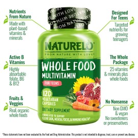 NATURELO Multivitamins for Teenage Girls/Boys, 120 Capsules, Whole Food Multivitamin with Minerals, Non-GMO, Vegetarian