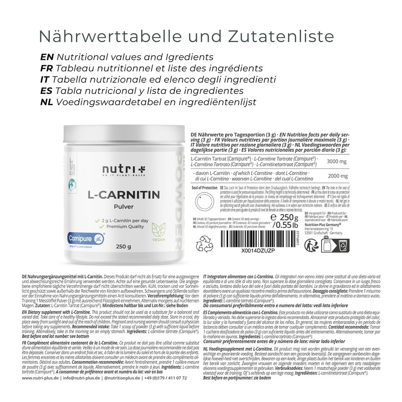 L-CARNITIN Carnipure Powder - 100% Pure L-Carnitine Tartrate Ultrapure Powder