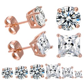 DwearBeauty 6 Pairs Rose Gold Cubic Zirconia Earrings Pack，Round Cut and Princess Cut Earrings for Men and Women