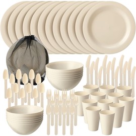 LemonRoad 12 Set College Dorm Dishes Essential Kit, Plates and Bowls Back to School Beige Room Dishes Set with Storage Mesh Bag Cup, Microwave Dinnerware Picnic for RV Camping