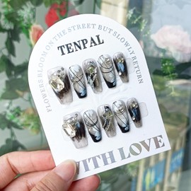 TENPAL French Tip Press on Nails Medium Chinese Style Black Nails Press ons Handmade Acrylic Sweet Cool Y2k Fake Nails With Glue 10pcs/Box Glue on Nails With Rhinestones Beads Charms Press ons(XS)