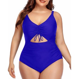 Daci Traje de baño de una pieza con cuello en V y cintura alta para mujer, talla grande, monokini, Azul / Patchwork, 20 Plus