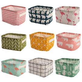 Lawei 9 Pack Mini Canvas Storage Bins - Collapsible Canvas Shelf Basket Nursery Organizer Box with Handles for Nursery Kids Bathroom Home Office