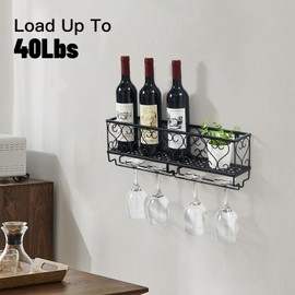 KDSOM Wall Mounted Wine Rack,Metal Floating Bar Shelves,Liquor Bottle Display Shelf Wine Glass Rack for Home Bars, Dining Rooms, Kitchens - Black