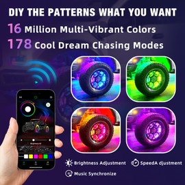 TAVARAY 4PCS 14" Double Sided RGB LED Wheel Ring Lights with APP & Remote Control, 178+DIY Dynamic Modes w/Turn Signal Braking and Reverse Function Wheel Lights for Trucks Pickups Cars Offroad