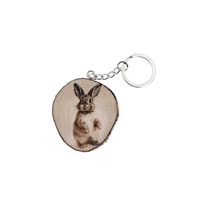 Generico Keyring Made of Natural Wood with Rabbit Farm Animal,