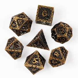 World of Dice - Metal Dice Set - Dragon Siege DND Polyhedral Dice with Dice Bag D20 to D6 for Dungeons and Dragons, DSA, etc. (Brass)