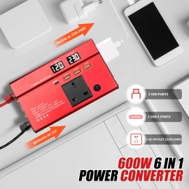 WODHMIEY 600W Car Power Inverter 12V/24V to 230V Vehicle Voltage Converter with 2 Sockets, 3 USB, 1 Type-C, Dual LED Display, Ideal for Camping, Travel, Motorhomes, Lorries & Emergency Power Supply
