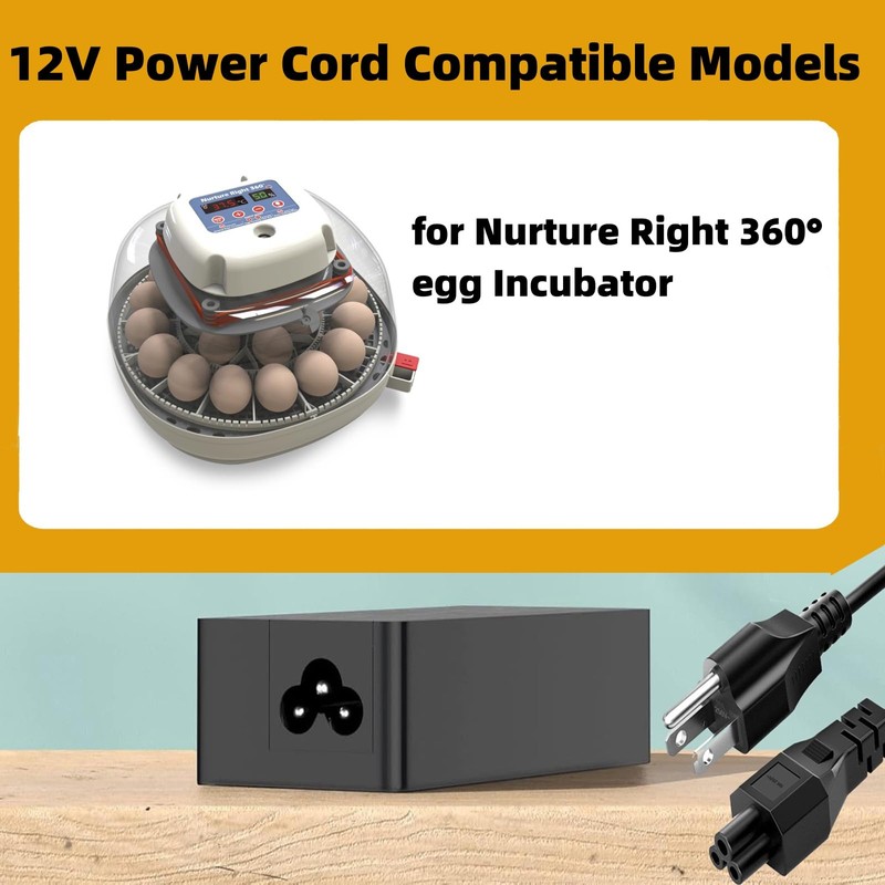 12V Power Cord for Nurture Right 360° Egg Incubator Compatible