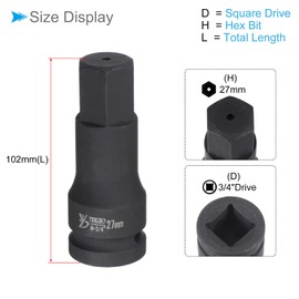 CoCud Impact Hex Bit Socket, 27mm Hex Bit 3/4" Square Drive 102mm Length, CR-MO Chamfer Design Pin Hole Metric Hex Socket - (Applications: for Automotive Electric Repair)