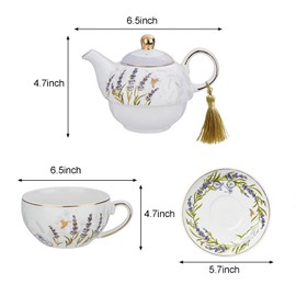 TISWEET Tea for One Set, Porcelain Teapot and Cup Saucer Set with Tassel Decorative Gold Rim, Spring Floral Teapot Gift for Women Home Office, Lavender