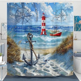 Jipusai Nautical Beach Shower Curtains for Bathroom, Lighthouse Ocean Coastal Shower Curtain, Anchor Compass Sailboat Beach Theme Waterproof Fabric Bathroom Curtain with Hooks,70X75IN Blue