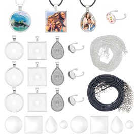 UNICRAFTALE 16 Sets 4 Styles Cabochon Pendant Settings Metal Blank Bezel Pendant Trays Teardrop Flat Round Square Base Cabochon Charm with Glass Cabochons and Waxed Cord for Jewelry Making
