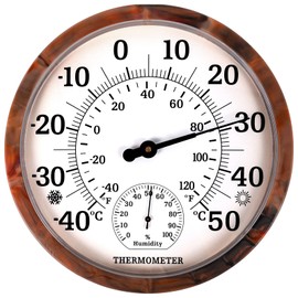 Indoor Outdoor Thermometer Hygrometer - 10 Inch Outdoor Thermometer Large Numbers, 2-in-1 Thermometer Hygrometer, Outdoor Thermometer for Patio (Brown)