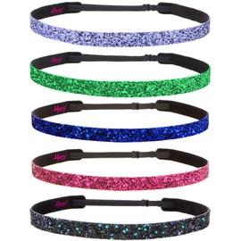 Hipsy Girl's Adjustable NO SLIP Bling Glitter Skinny Headband Gift Packs (Peacock/Hot Pink/Royal/Green/Purple 5pk)