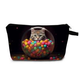 MoCaliduccious Candy Kitten Print Women Makeup Bag Playful Cat Multi-Color Candy Cosmetic Pouch Whimsical Birthday Present Valentine’s Gift for Cat-Loving Friends​​