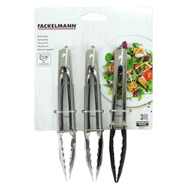 Fackelmann Stainless Steel Kitchen Tongs, Set of 3 with Locking Function, 2 x Stainless Steel Function Head, 1 x Plastic (PP) Function Head, 18cm, Silver & Black