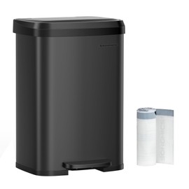 SONGMICS Kitchen Trash Can, 13 Gallon (50 L) Stainless Steel Garbage Can, with Stay-Open Lid and Step-on Pedal, Soft Closure, Tall, Large and Space-Saving, Black ULTB530B50