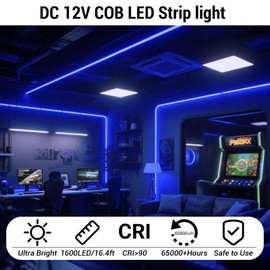 HAMRVL COB LED Strip Lights Blue, 16.4ft DC12V Dimmable LED Lights with 1600 LEDs,Touch Dimmer,12V Adapter,Bright Dotless Adhesive Indoor COB LED Strip Lights for Cabinet Home DIY Lighting Projects