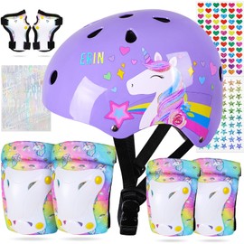 FIODAY Kids Bike Helmet, Toddler Helmet Knee and Elbow Pads Wrist Guards Adjustable Protective Gear Set with DIY Sticker for Girls 3-5-8 Years for Skateboard Inline Skating Scooter