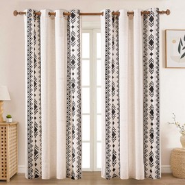 Chorowl Boho Curtains 96 Inches Long for Living Room Black Vintage Geometric Embroidered Farmhouse Curtains 2 Panels for Bedroom Light Filtering Geometry Grommet Window Treatments Black on Beige