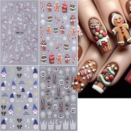 4 Sheets Christmas Nail Art Stickers Decals Xmas 5D Embossed Nail Stickers for Nail Art Gingerbread Man Gnome Snowflake Christmas Gloves Nail Decals Supplies for Women Winter Nail Decorations